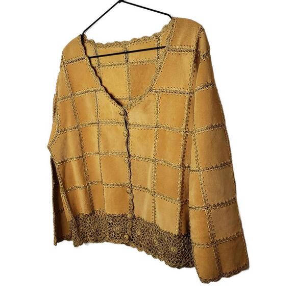 Women's Sz L Handmade Woven Patchwork Leather Jacket Crochet Lace Trim (1630) - Picture 2 of 6